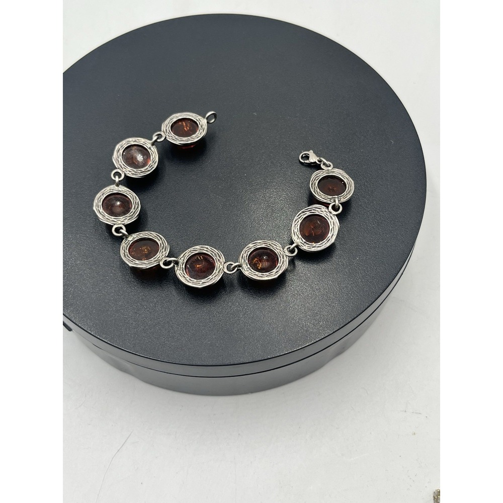 Vintage Sterling 925 Genuine Baltic Amber‎ Bezel Cabochon Setting Link Bracelet - Picture 10 of 13